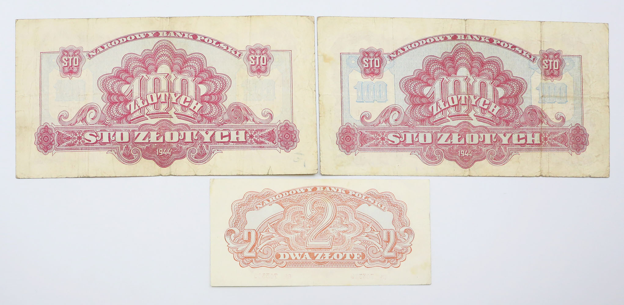 2 - 100 złotych 1944, zestaw 3 banknotów - RZADKIE